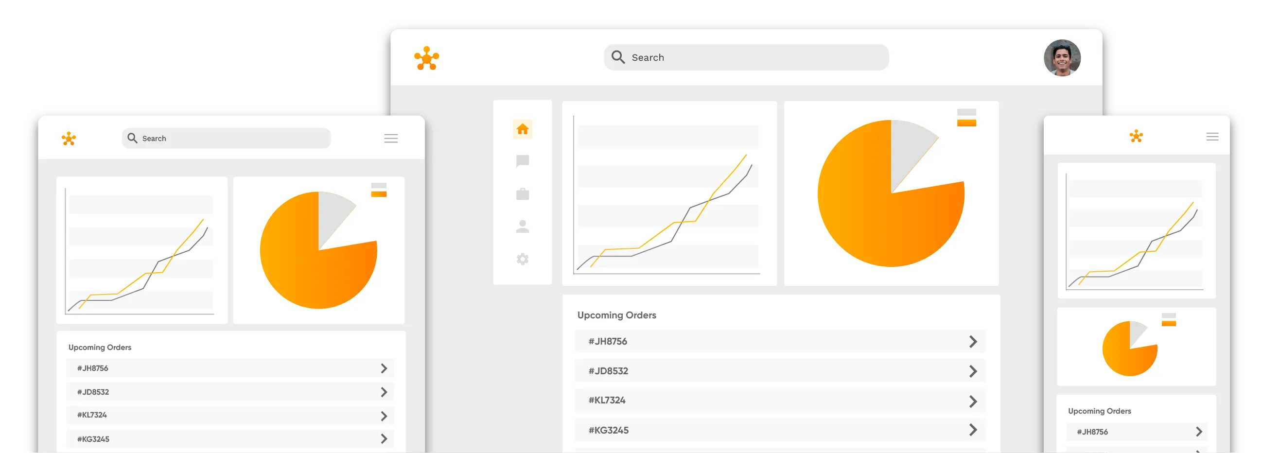 Écrans simplifiés de web, tablette et téléphone montrant un tableau de bord d'entreprise. Le tableau de bord comporte des graphiques et une liste des commandes à venir. 