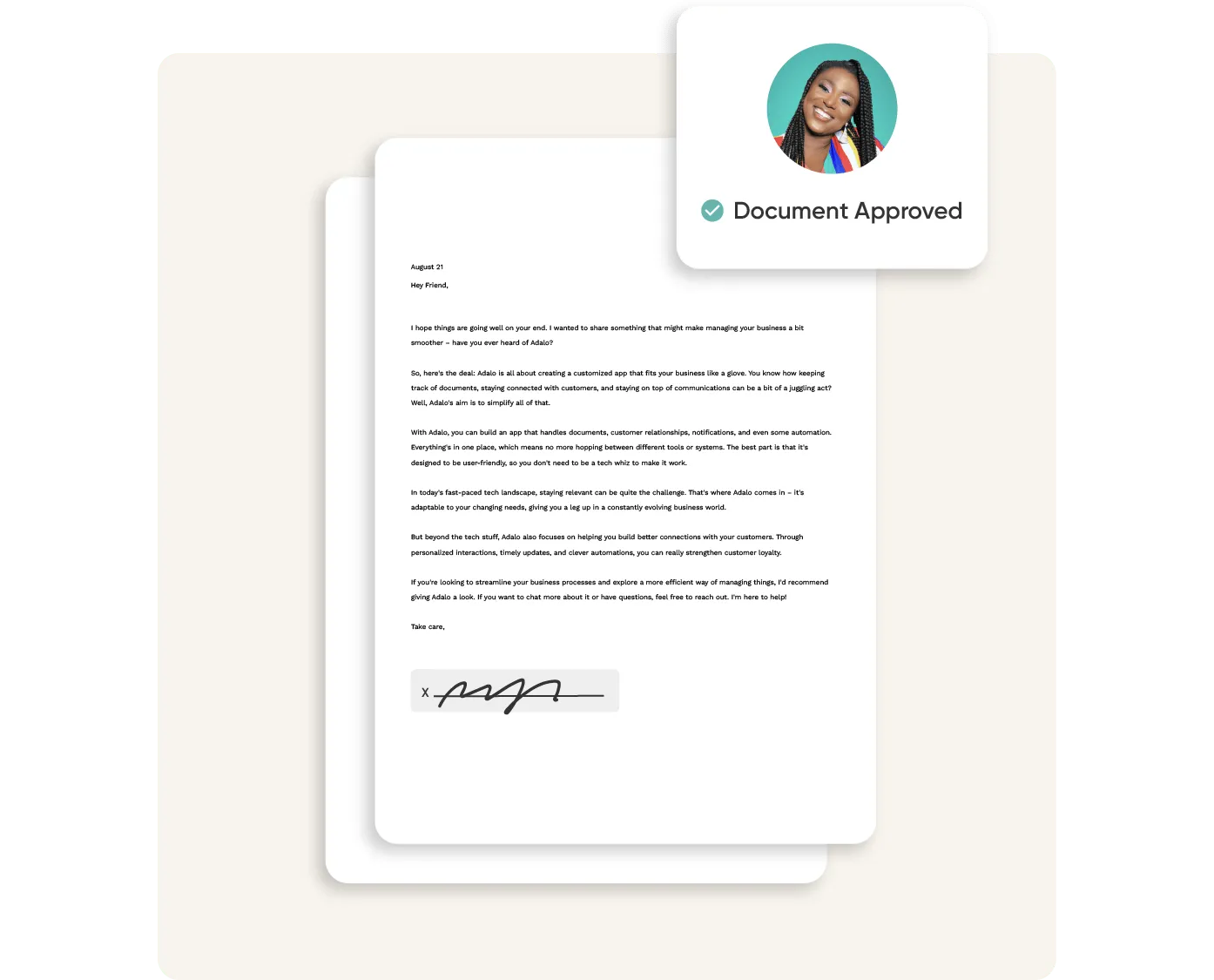 Un document reçoit une signature et une marque d'approbation.  